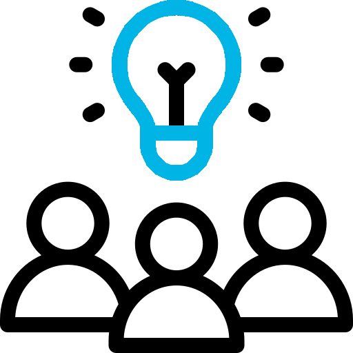 Three user icons arranged in a group, with a lightbulb above emitting rays, symbolizing shared ideas and teamwork.